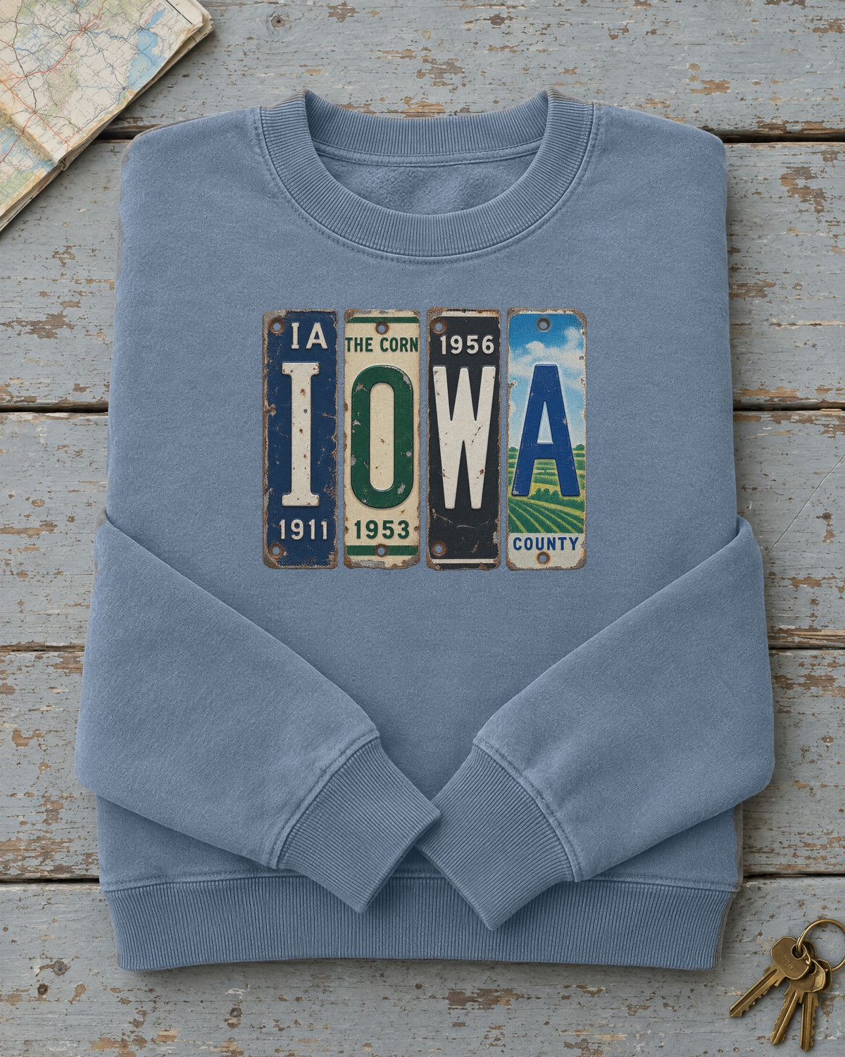 Iowa vintage license plate sweatshirt in Blue Jean