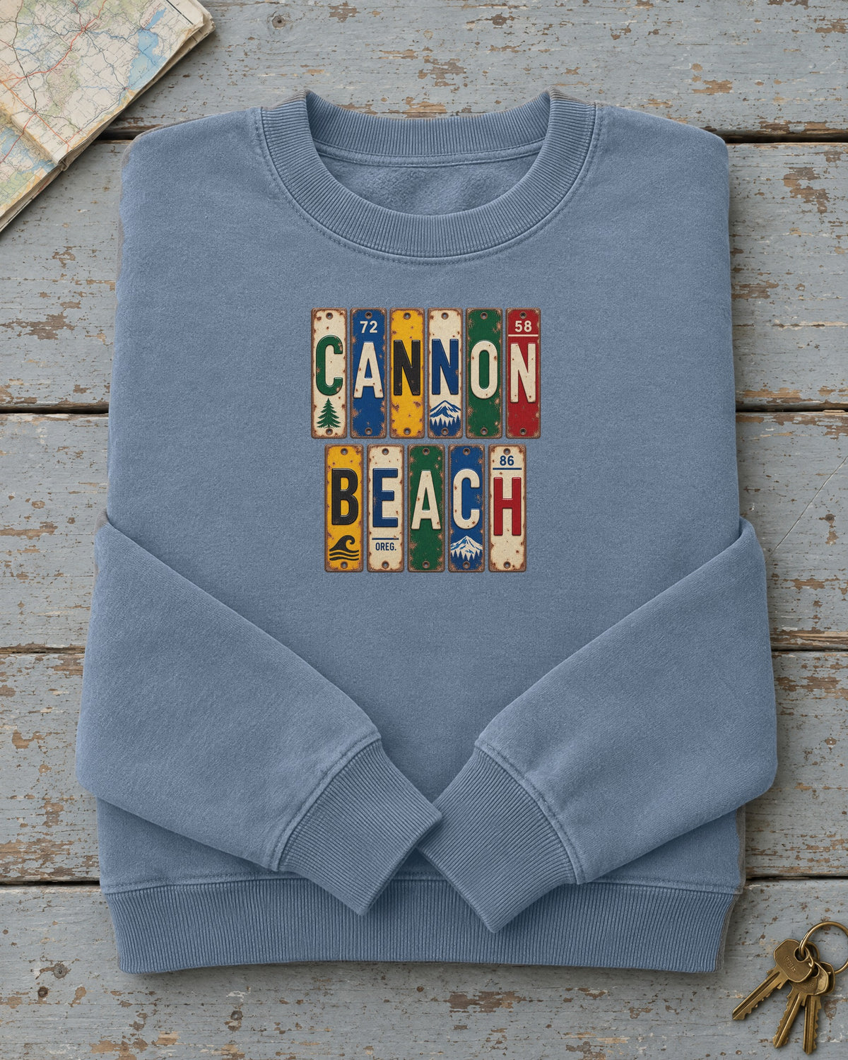 Cannon Beach, Oregon vintage license plate sweatshirt in Blue Jean