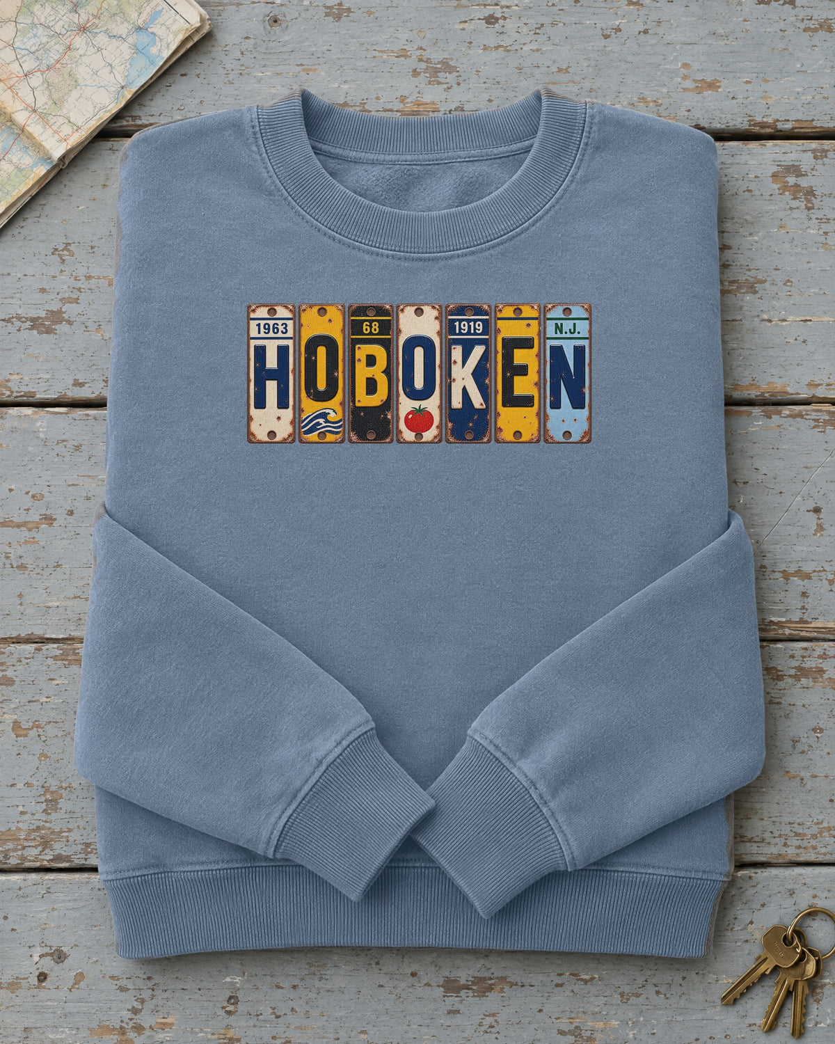 Hoboken, New Jersey vintage license plate sweatshirt in Blue Jean