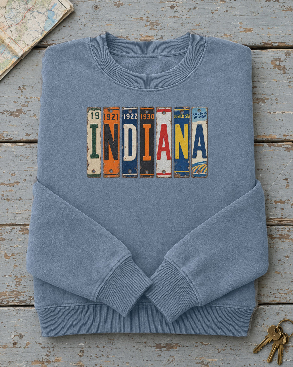 Indiana vintage license plate sweatshirt in Blue Jean