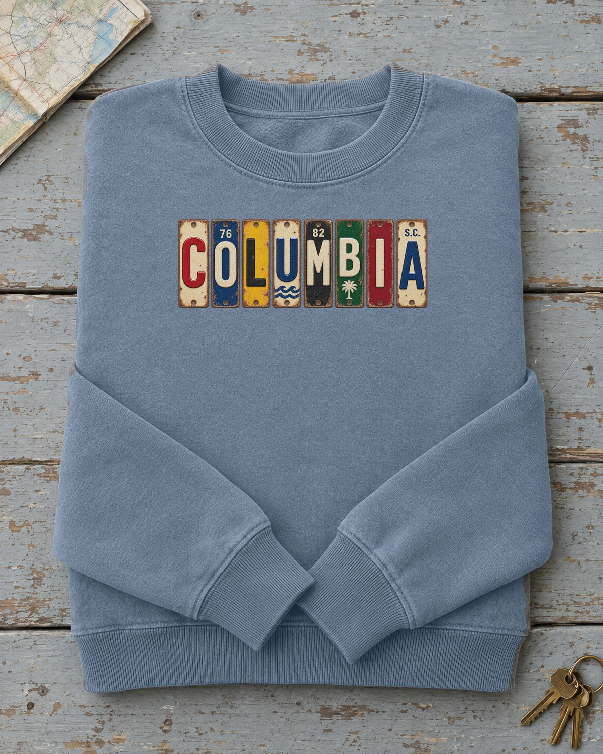 Columbia, South Carolina vintage license plate sweatshirt in Blue Jean