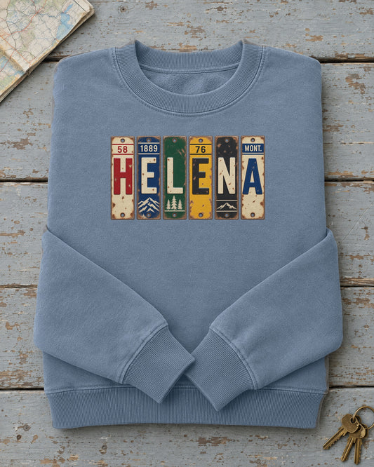 Helena, Montana vintage license plate sweatshirt in Blue Jean