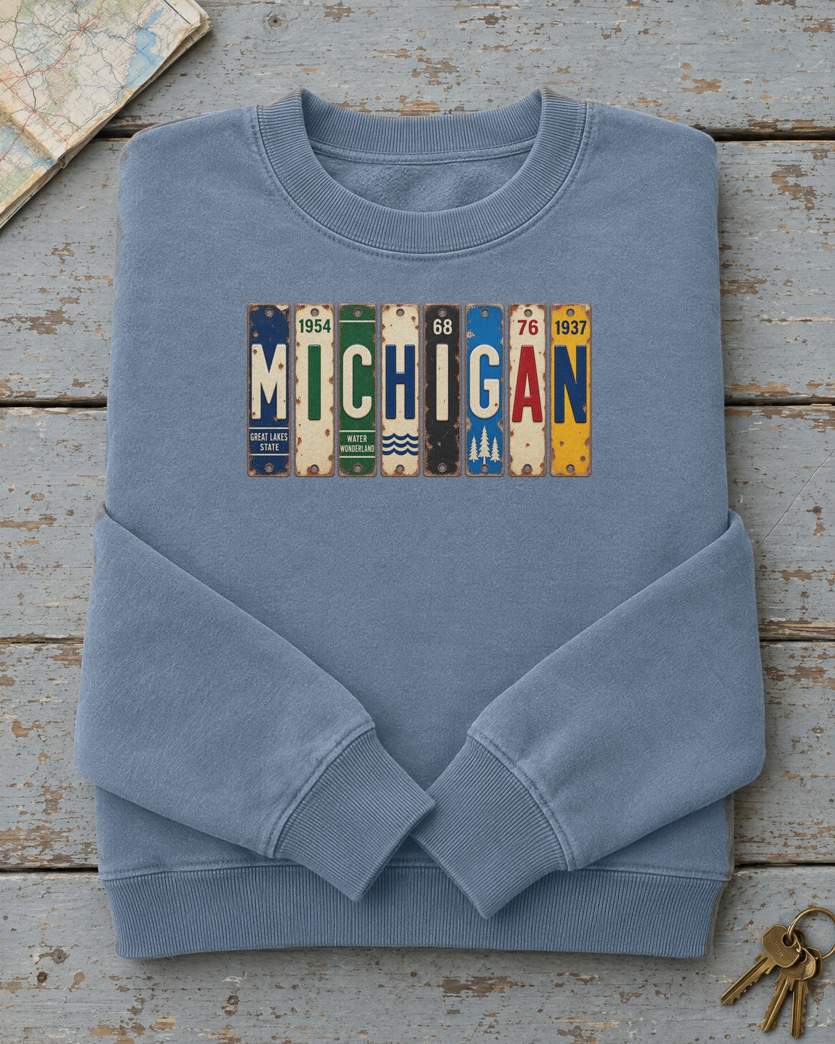 Michigan vintage license plate sweatshirt in Blue Jean