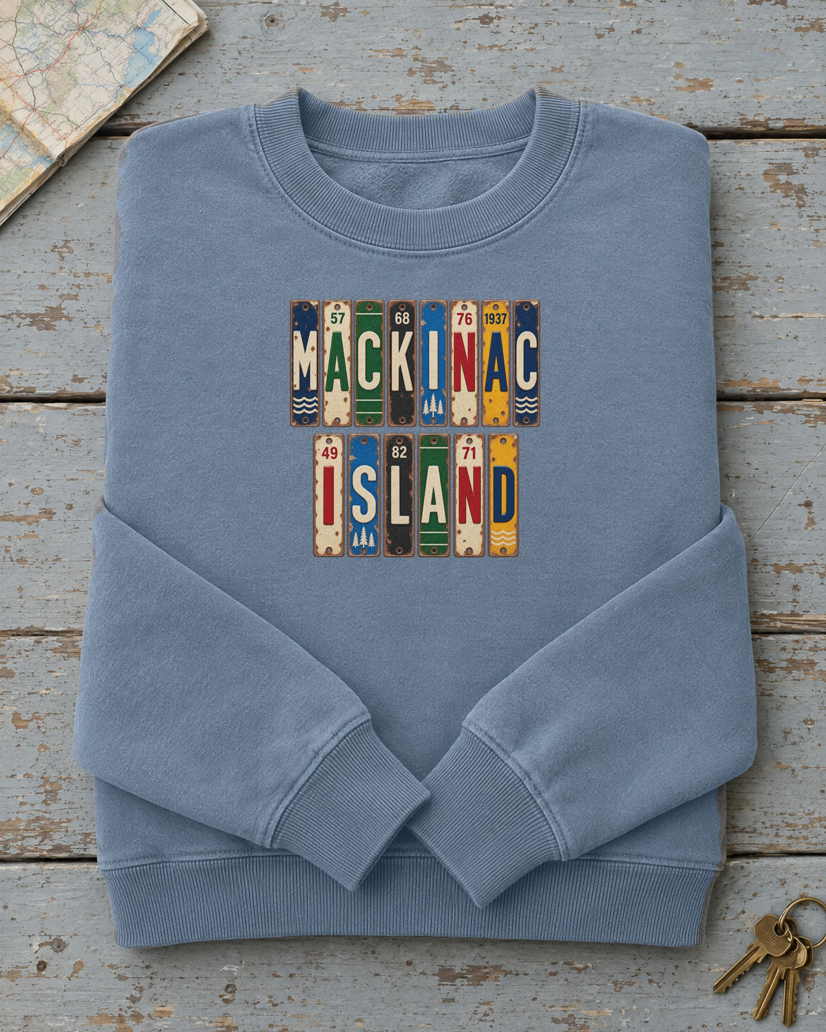 Mackinac Island, Michigan vintage license plate sweatshirt in Blue Jean