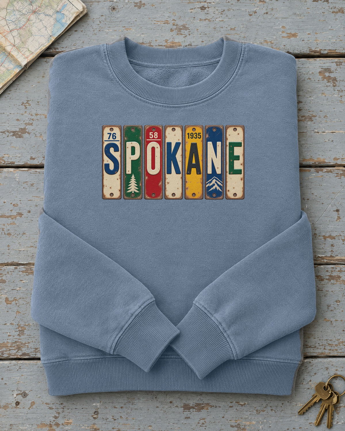 Spokane, Washington vintage license plate sweatshirt in Blue Jean
