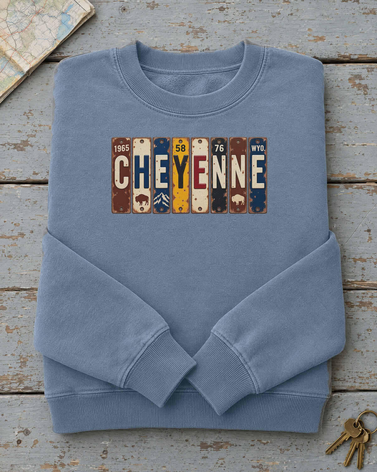 Cheyenne, Wyoming vintage license plate sweatshirt in Blue Jean