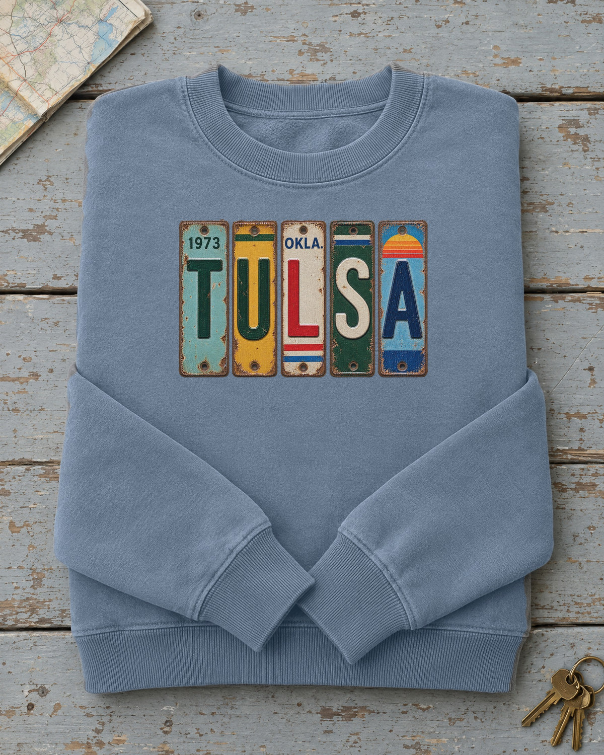 Tulsa, Oklahoma vintage license plate sweatshirt in Blue Jean