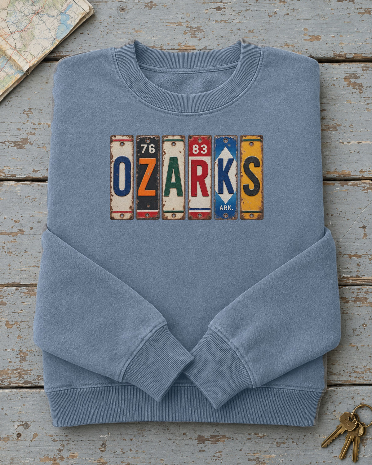 Ozarks, Arkansas vintage license plate sweatshirt in Blue Jean