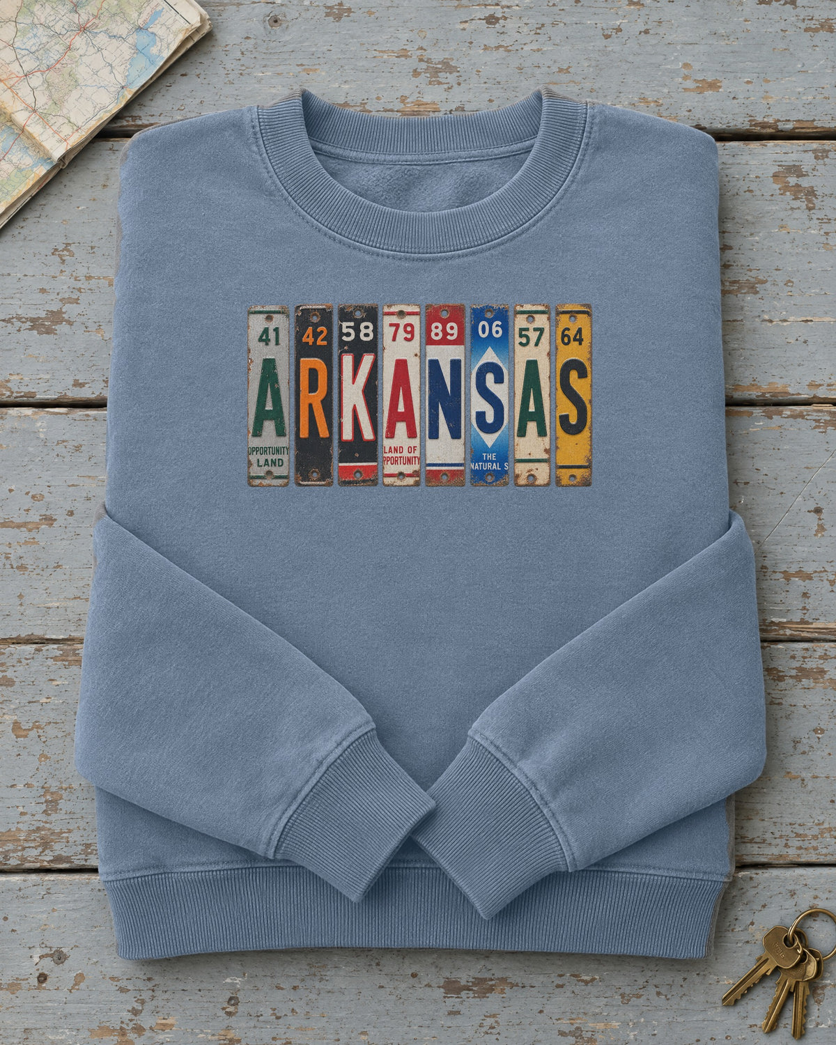 Arkansas vintage license plate sweatshirt in Blue Jean