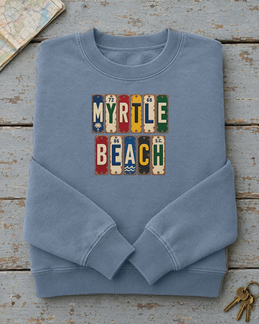 Myrtle Beach, South Carolina vintage license plate sweatshirt in Blue Jean