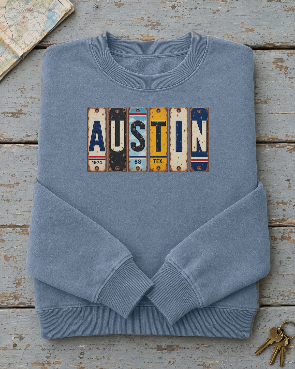 Austin, Texas vintage license plate sweatshirt in Blue Jean