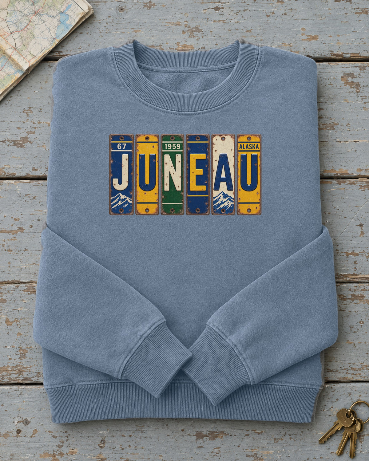 Juneau, Alaska vintage license plate sweatshirt in Blue Jean
