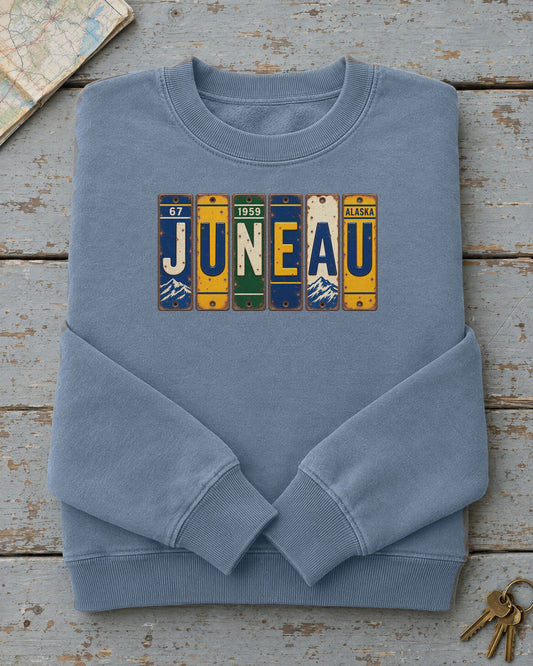 Juneau, Alaska vintage license plate sweatshirt in Blue Jean