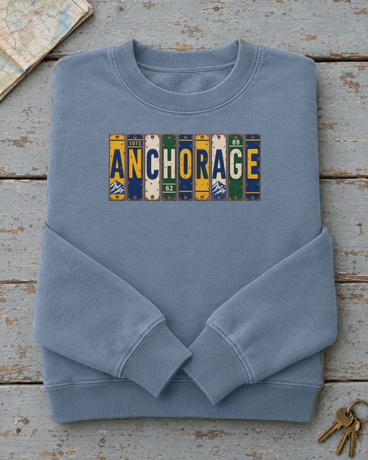 Anchorage, Alaska vintage license plate sweatshirt in Blue Jean