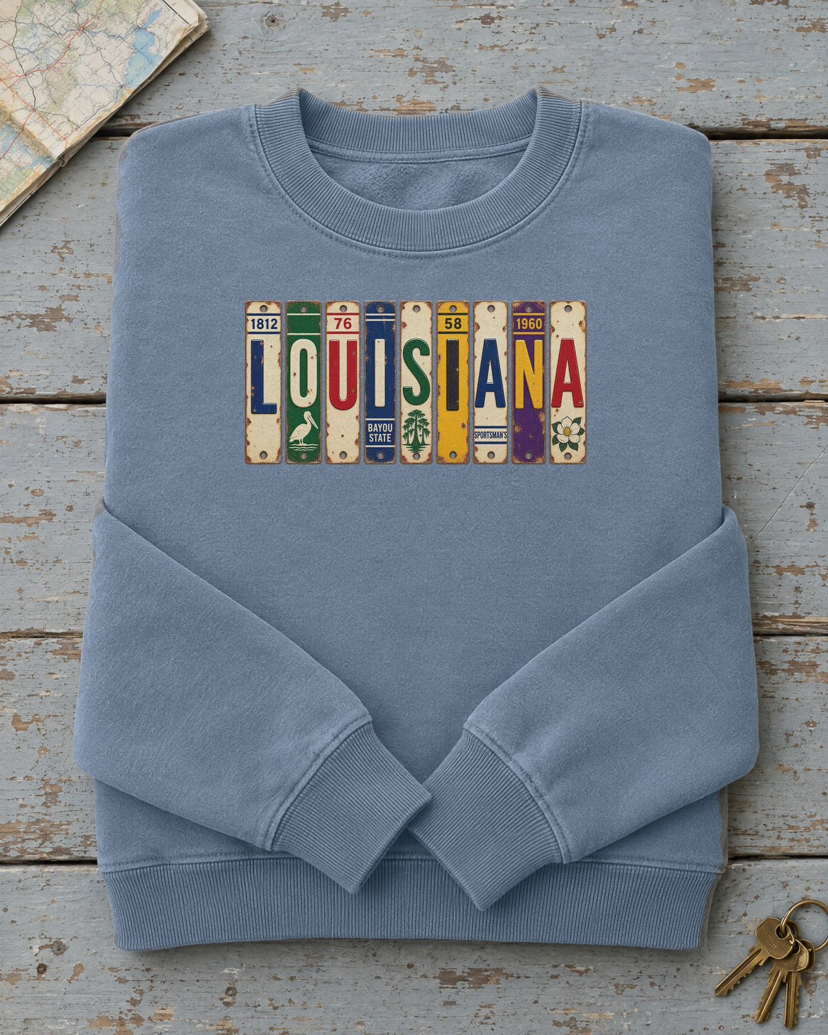 Louisiana vintage license plate sweatshirt in Blue Jean