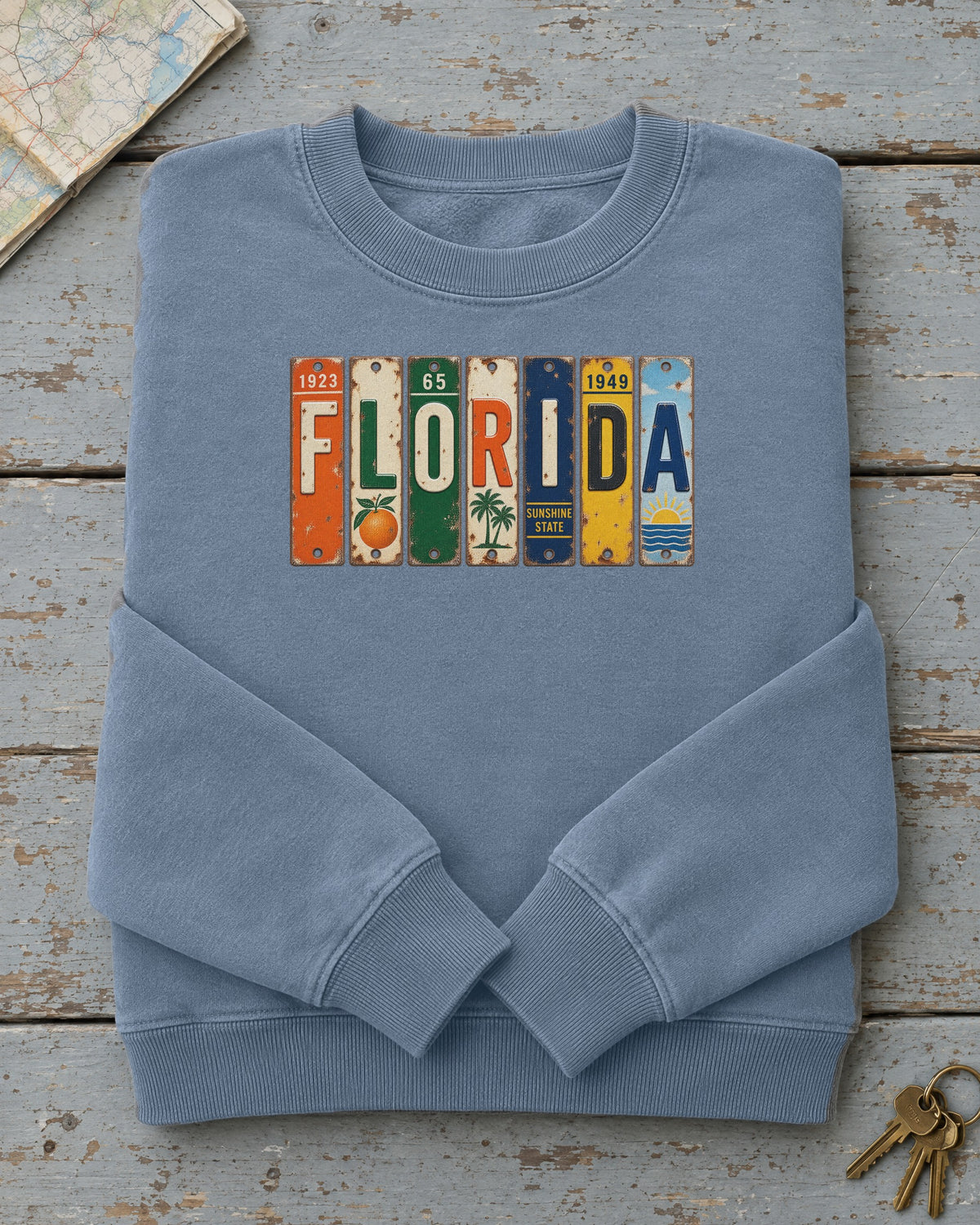 Florida vintage license plate sweatshirt in Blue Jean