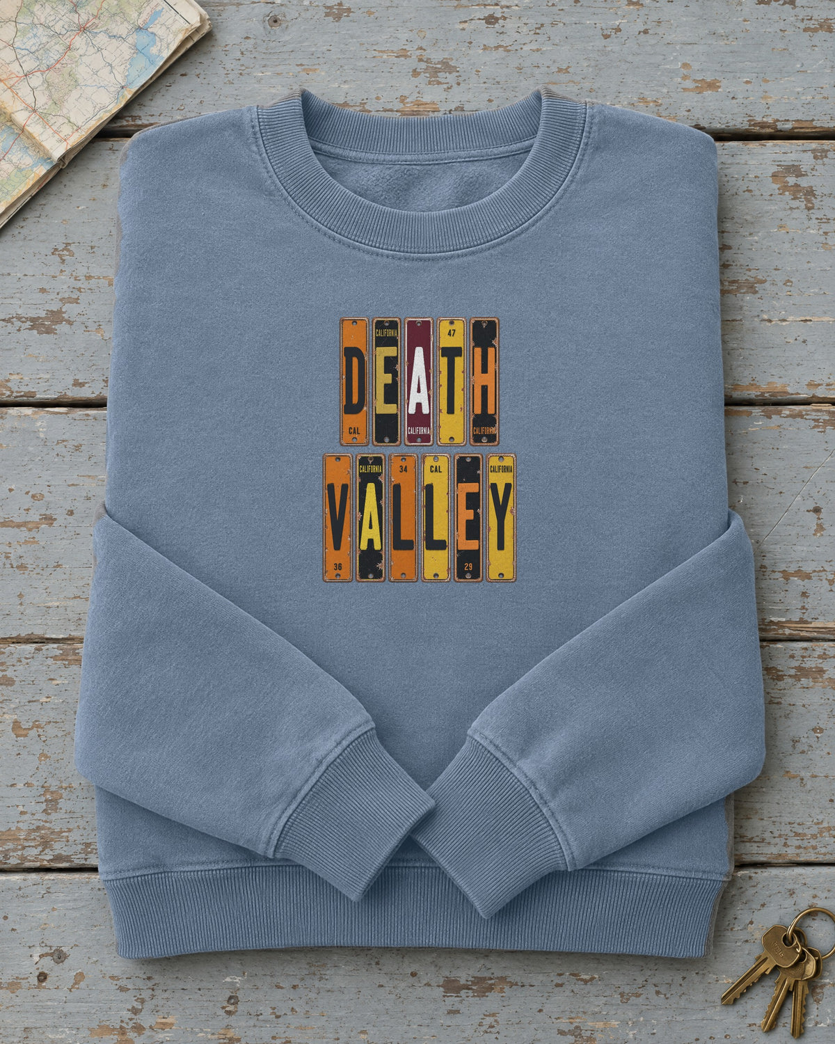 Death Valley, California vintage license plate sweatshirt in Blue Jean