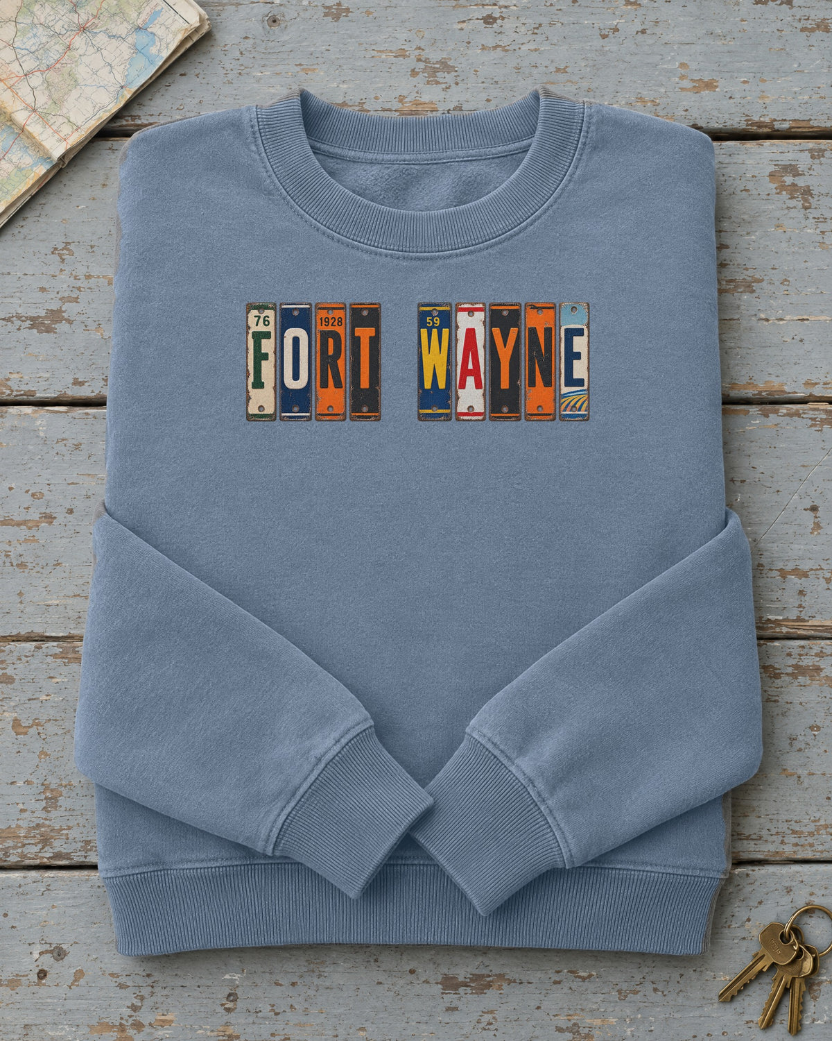 Fort Wayne, Indiana vintage license plate sweatshirt in Blue Jean