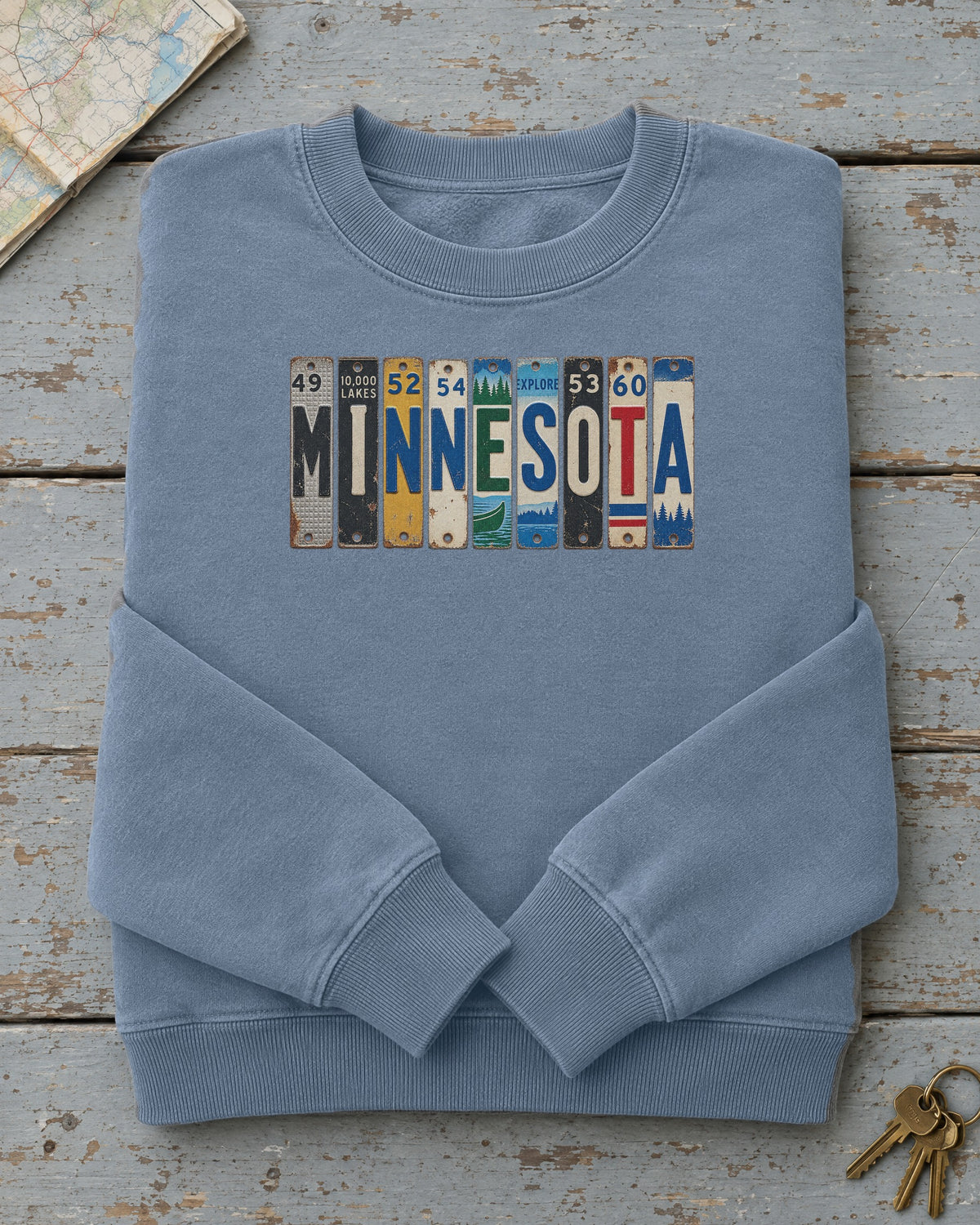 Minnesota vintage license plate sweatshirt in Blue Jean