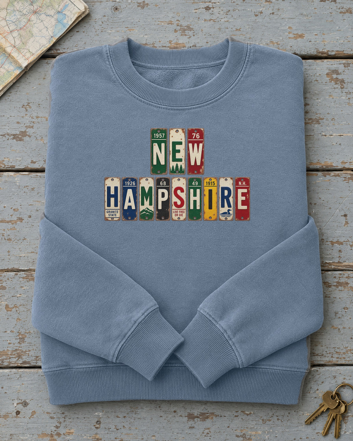 New Hampshire vintage license plate sweatshirt in Blue Jean