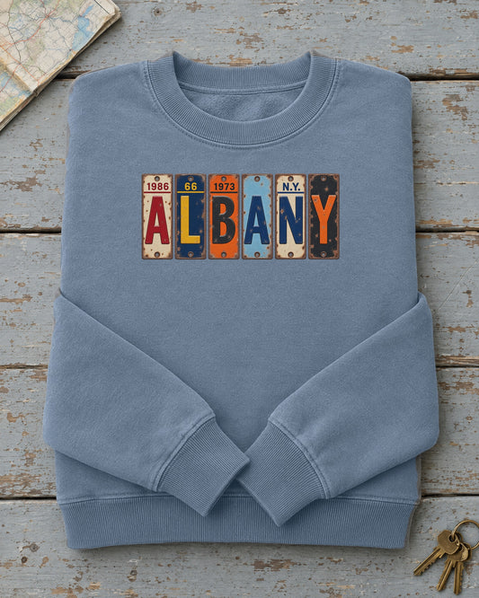 Albany, New York vintage license plate sweatshirt in Blue Jean