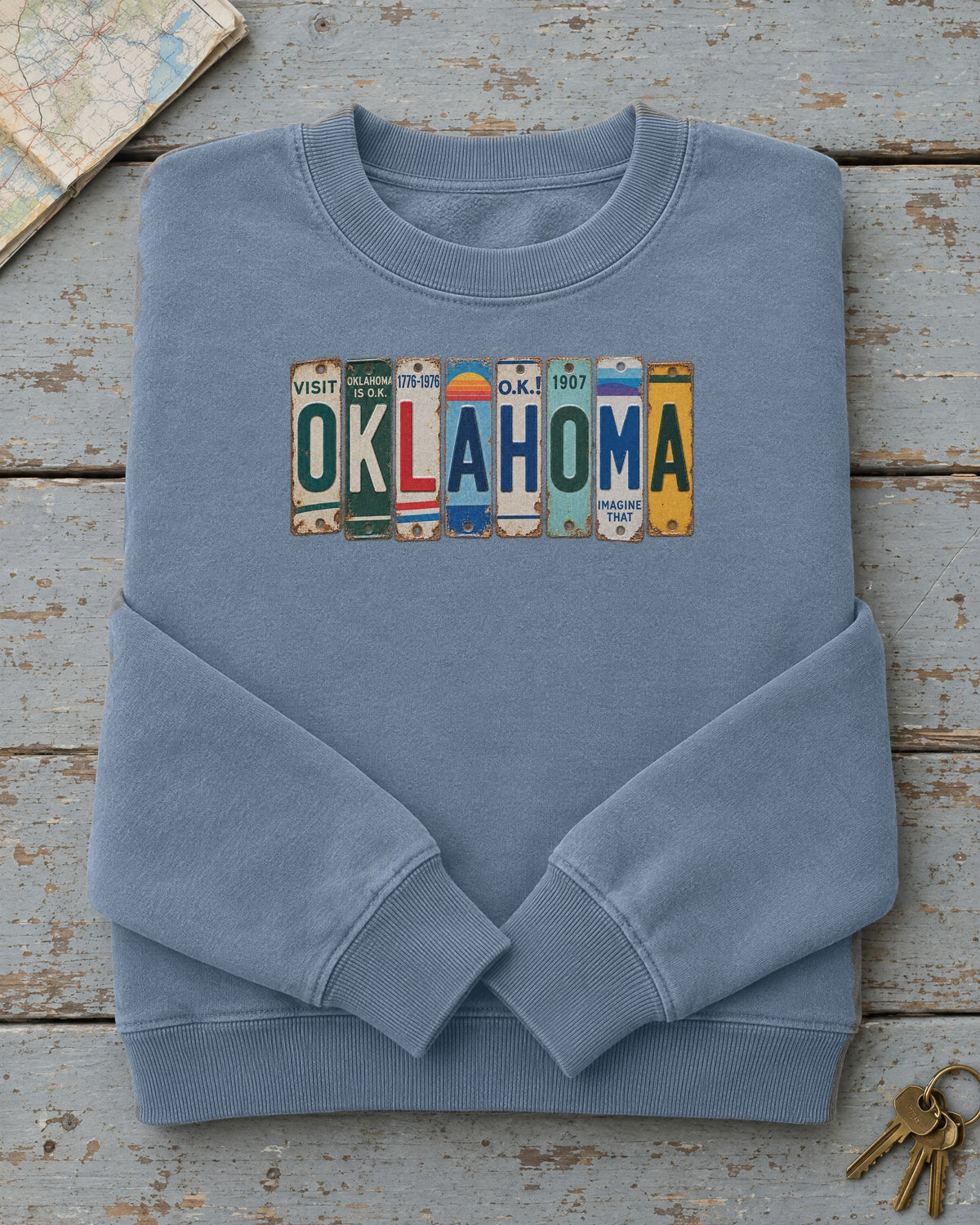 Oklahoma vintage license plate sweatshirt in Blue Jean