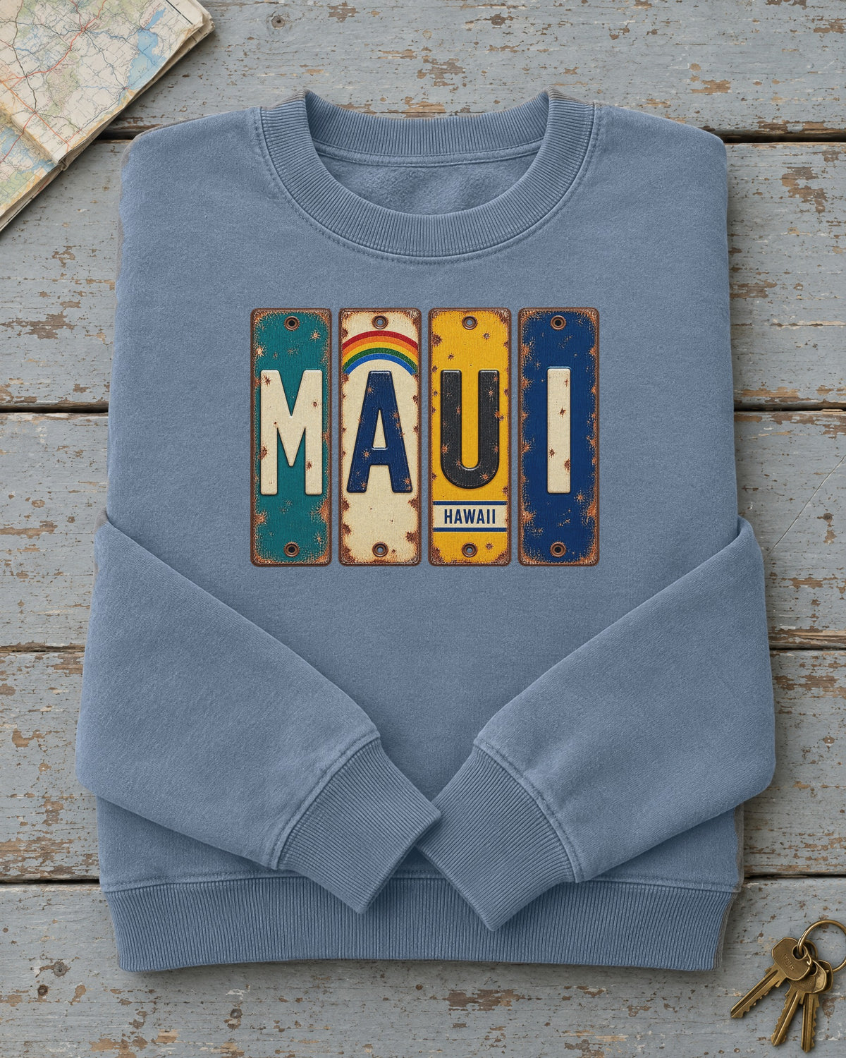 Maui, Hawaii vintage license plate sweatshirt in Blue Jean