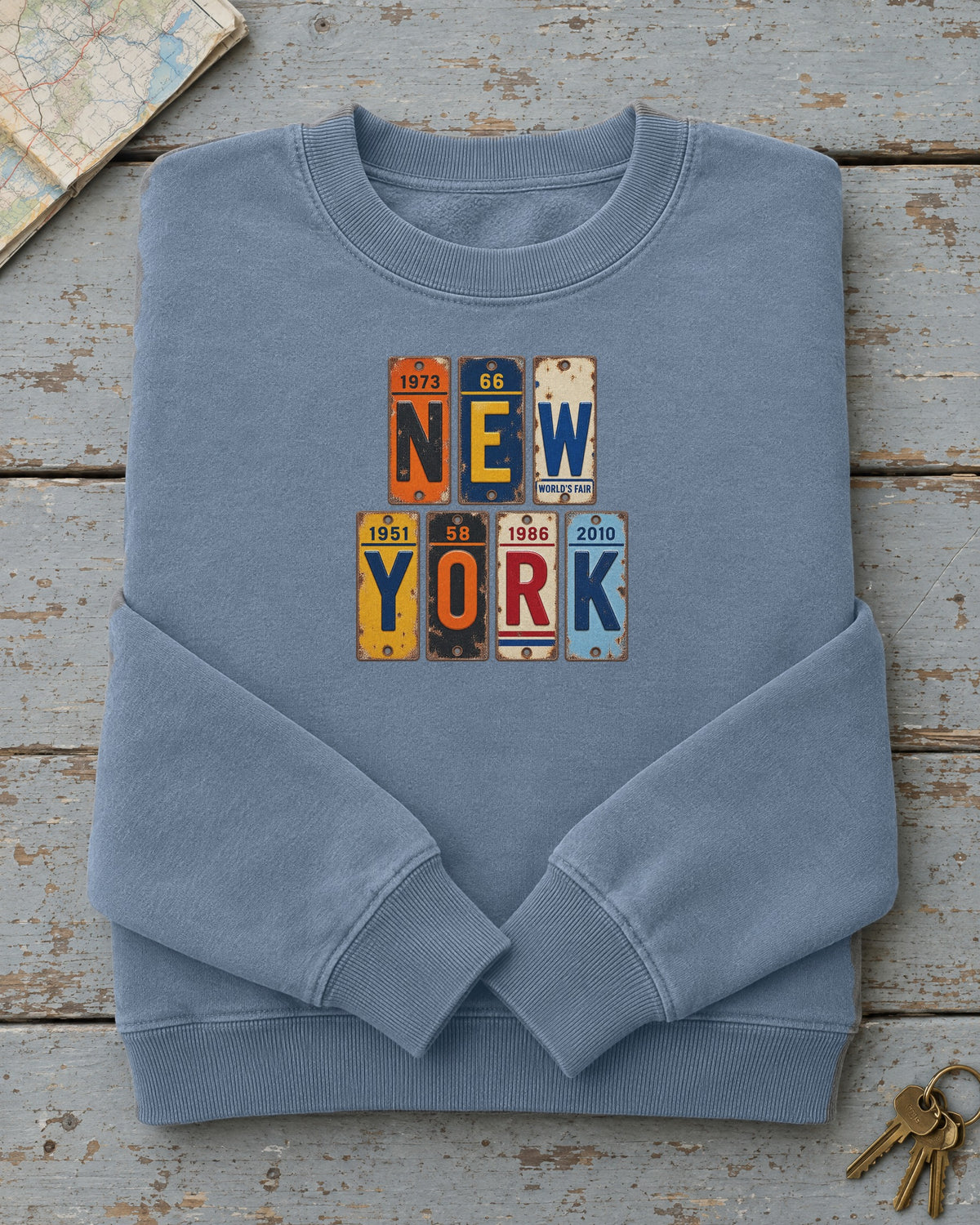 New York vintage license plate sweatshirt in Blue Jean