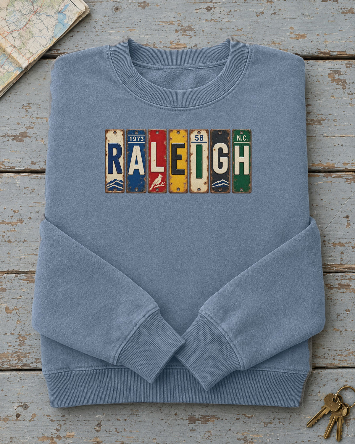Raleigh, North Carolina vintage license plate sweatshirt in Blue Jean