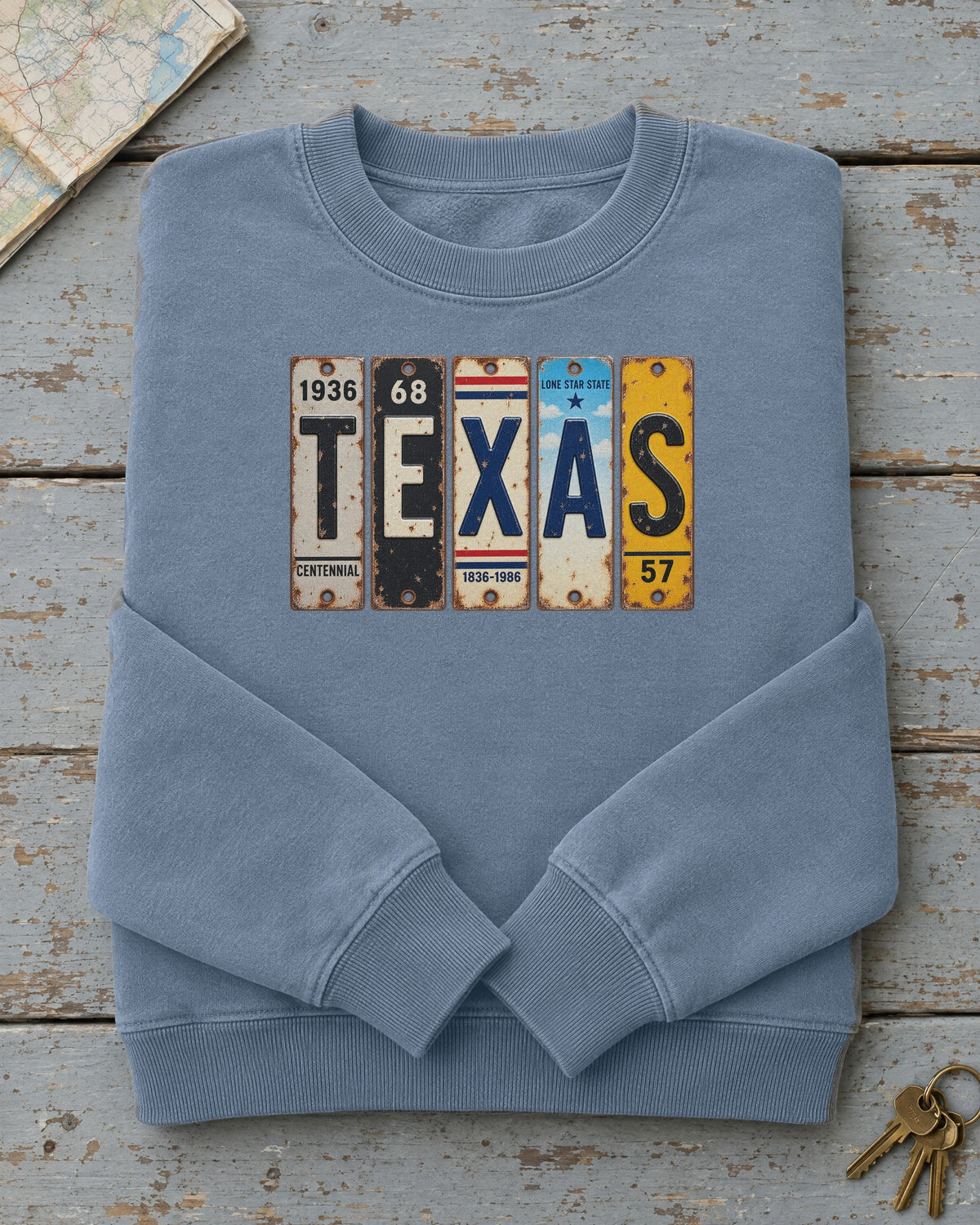 Texas vintage license plate sweatshirt in Blue Jean