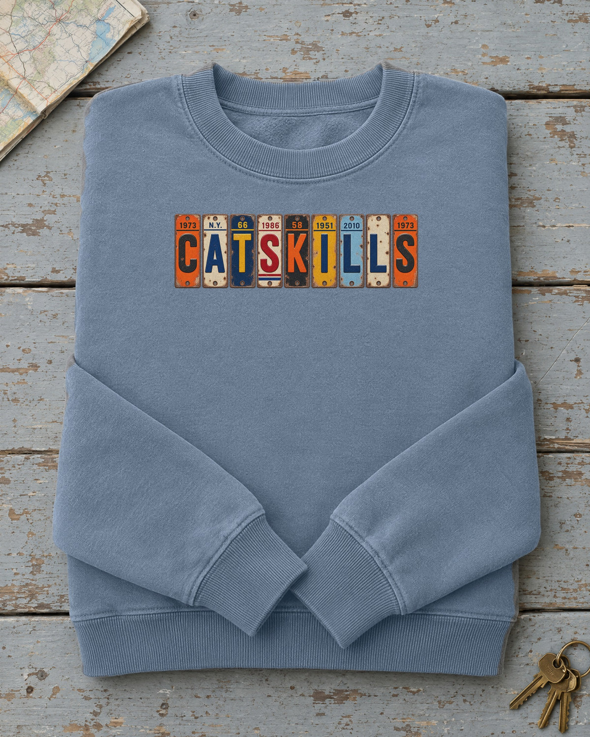 Catskills, New York vintage license plate sweatshirt in Blue Jean