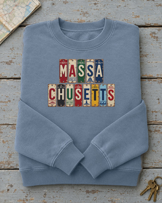 Massachusetts vintage license plate sweatshirt in Blue Jean