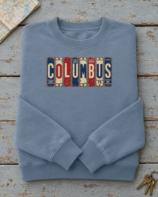 Columbus, Ohio vintage license plate sweatshirt in Blue Jean