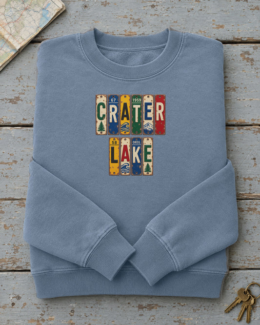Crater Lake, Oregon vintage license plate sweatshirt in Blue Jean
