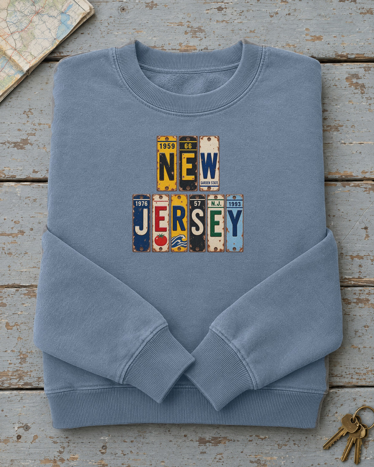 New Jersey vintage license plate sweatshirt in Blue Jean
