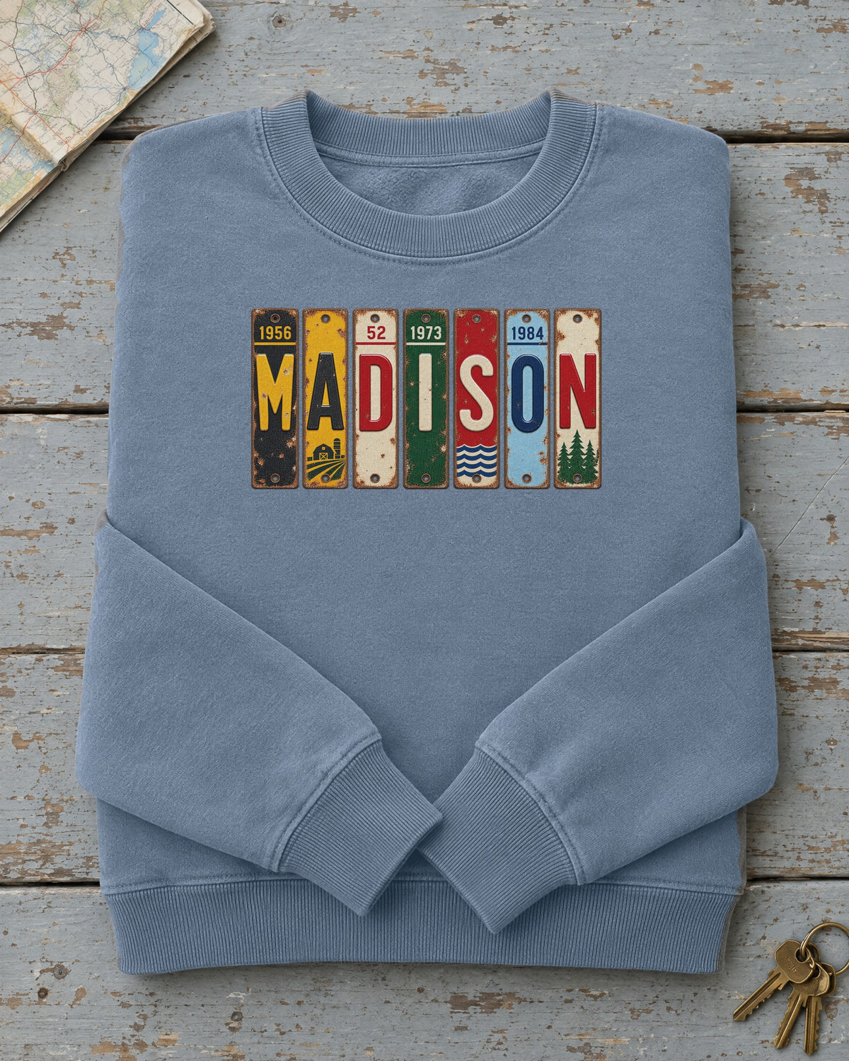 Madison, Wisconsin vintage license plate sweatshirt in Blue Jean