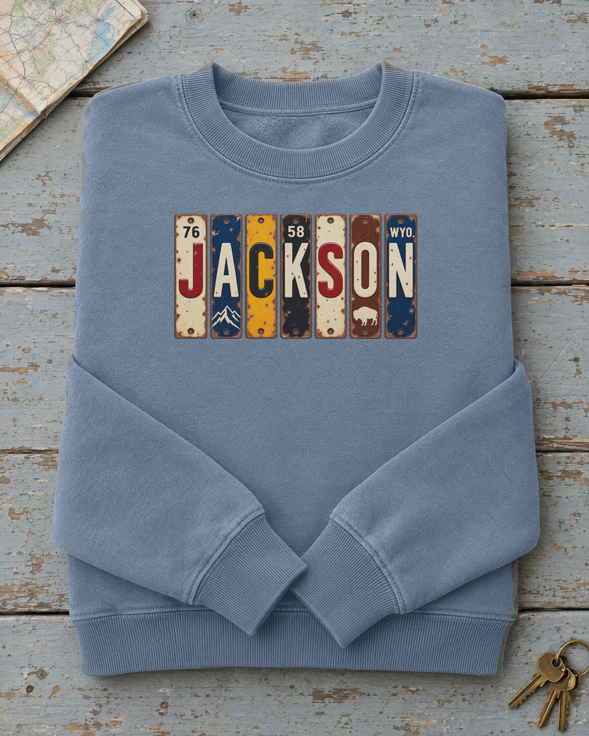 Jackson, Wyoming vintage license plate sweatshirt in Blue Jean