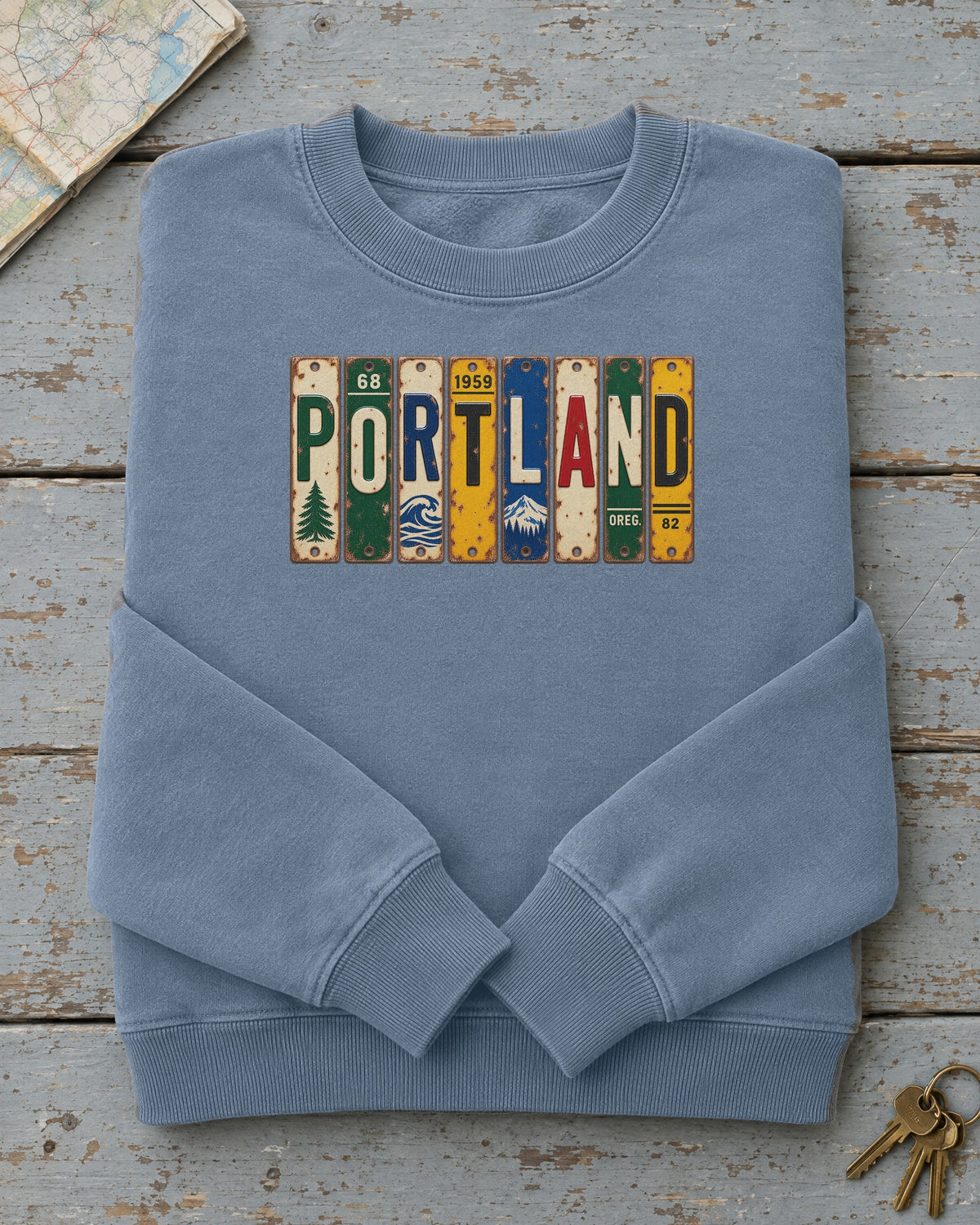 Portland, Oregon vintage license plate sweatshirt in Blue Jean
