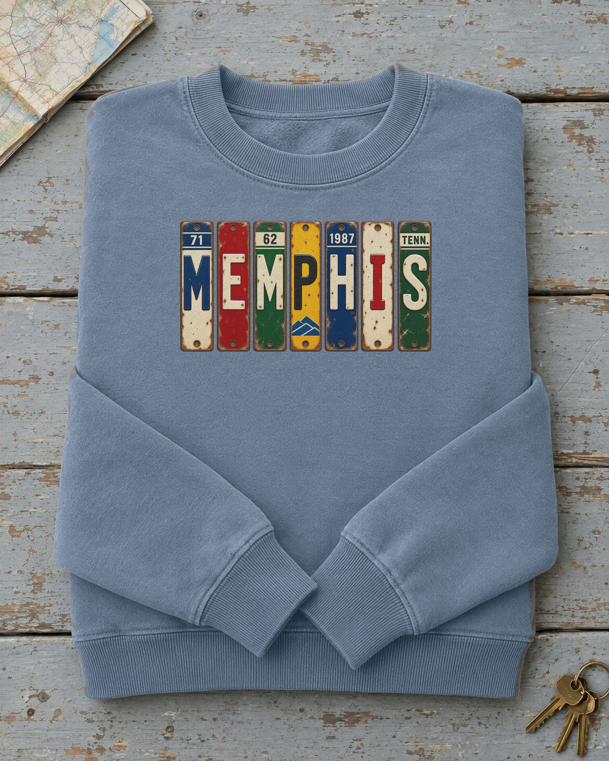 Memphis, Tennessee vintage license plate sweatshirt in Blue Jean