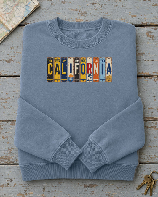 California vintage license plate sweatshirt in Blue Jean