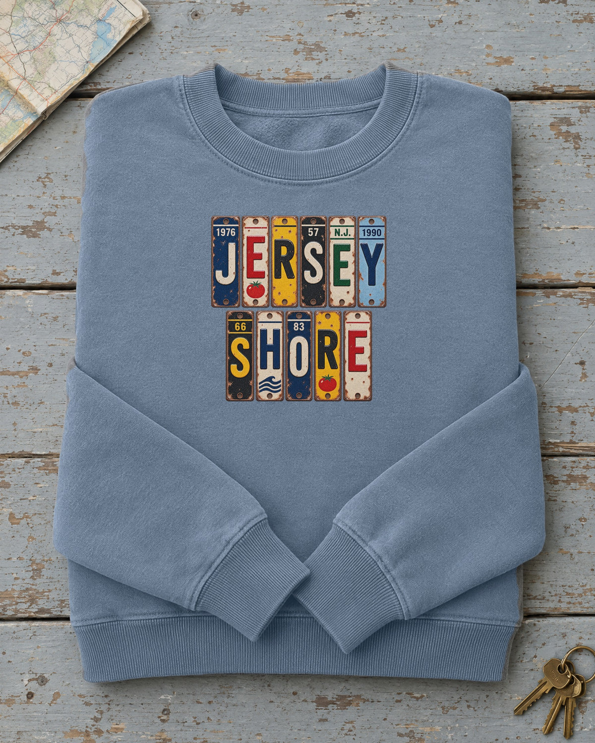 Jersey Shore, New Jersey vintage license plate sweatshirt in Blue Jean