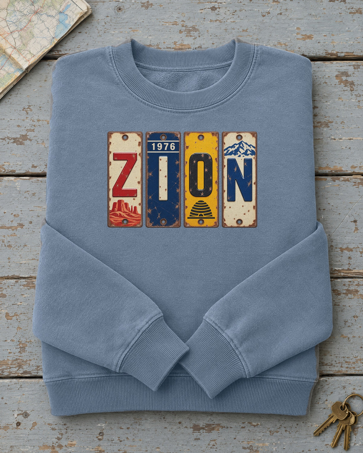 Zion, Utah vintage license plate sweatshirt in Blue Jean