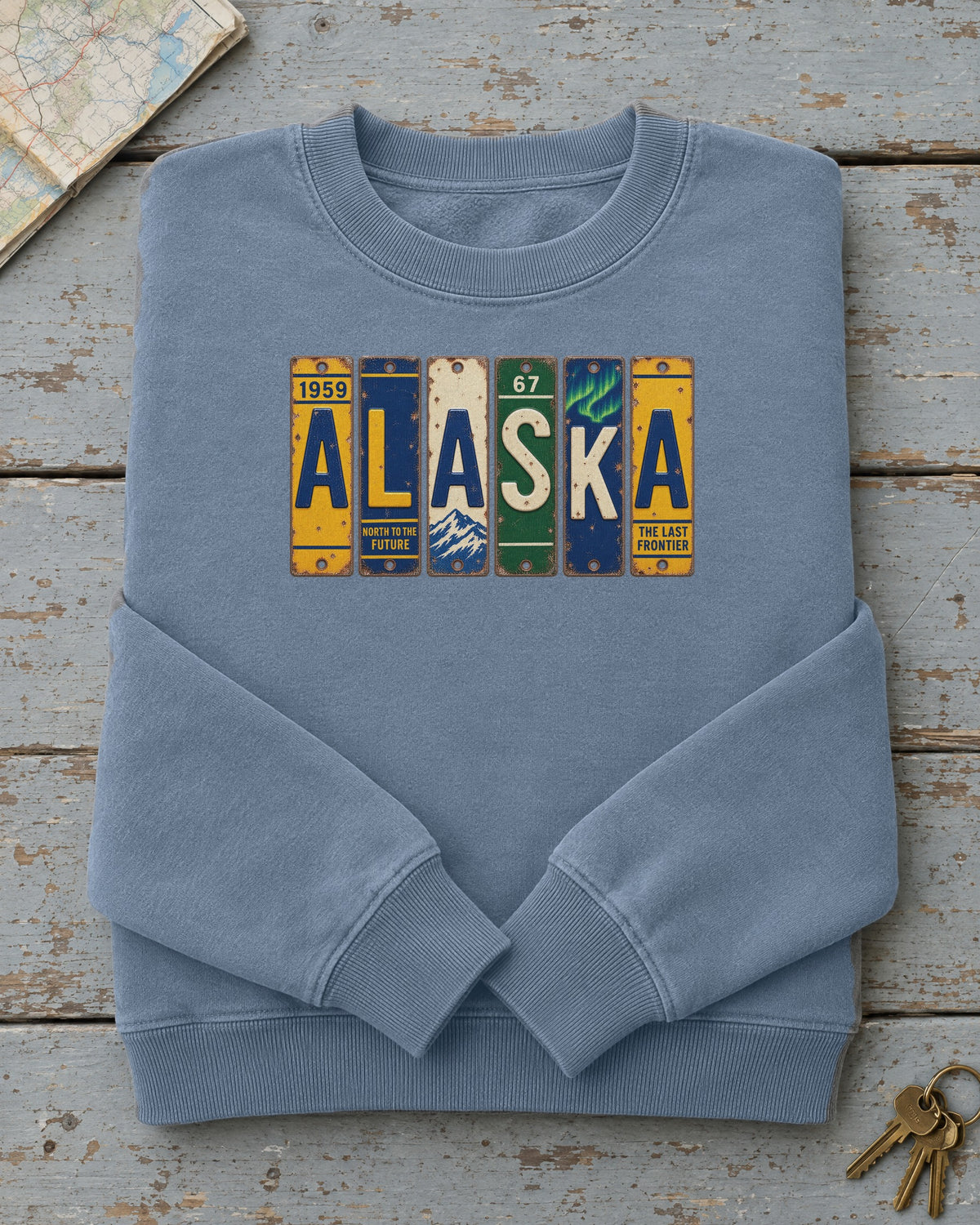 Alaska vintage license plate sweatshirt in Blue Jean