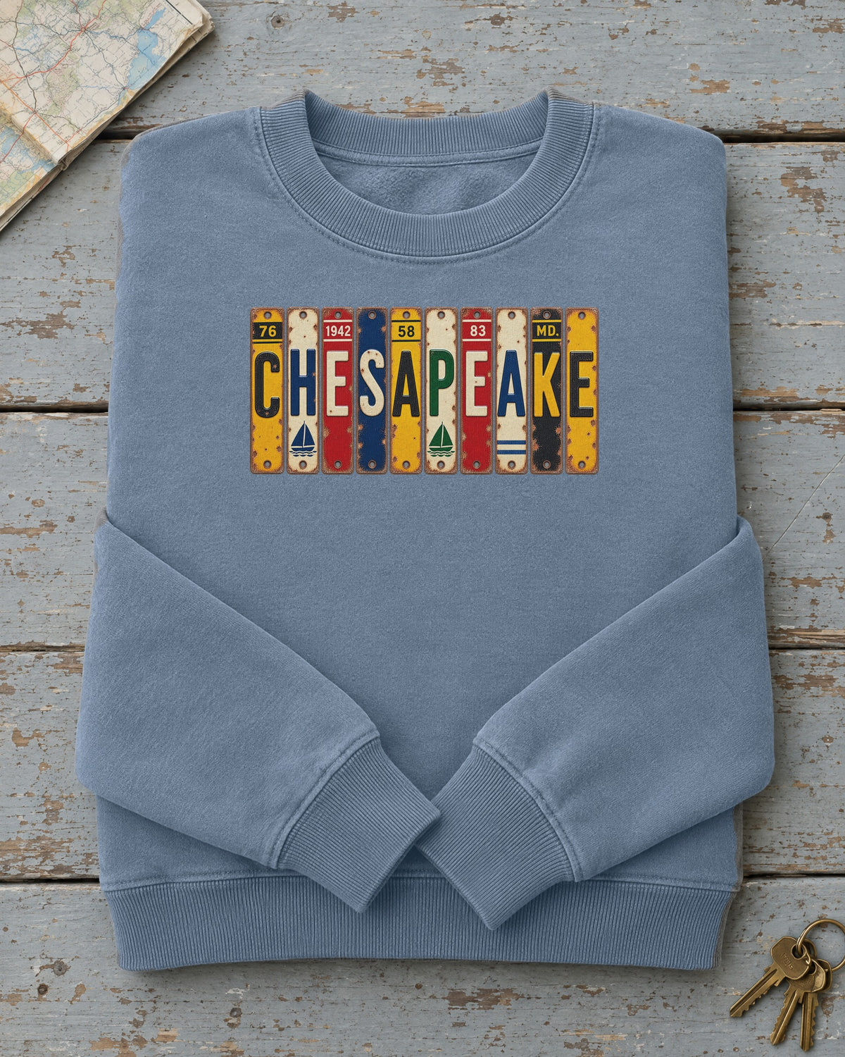 Chesapeake, Maryland vintage license plate sweatshirt in Blue Jean