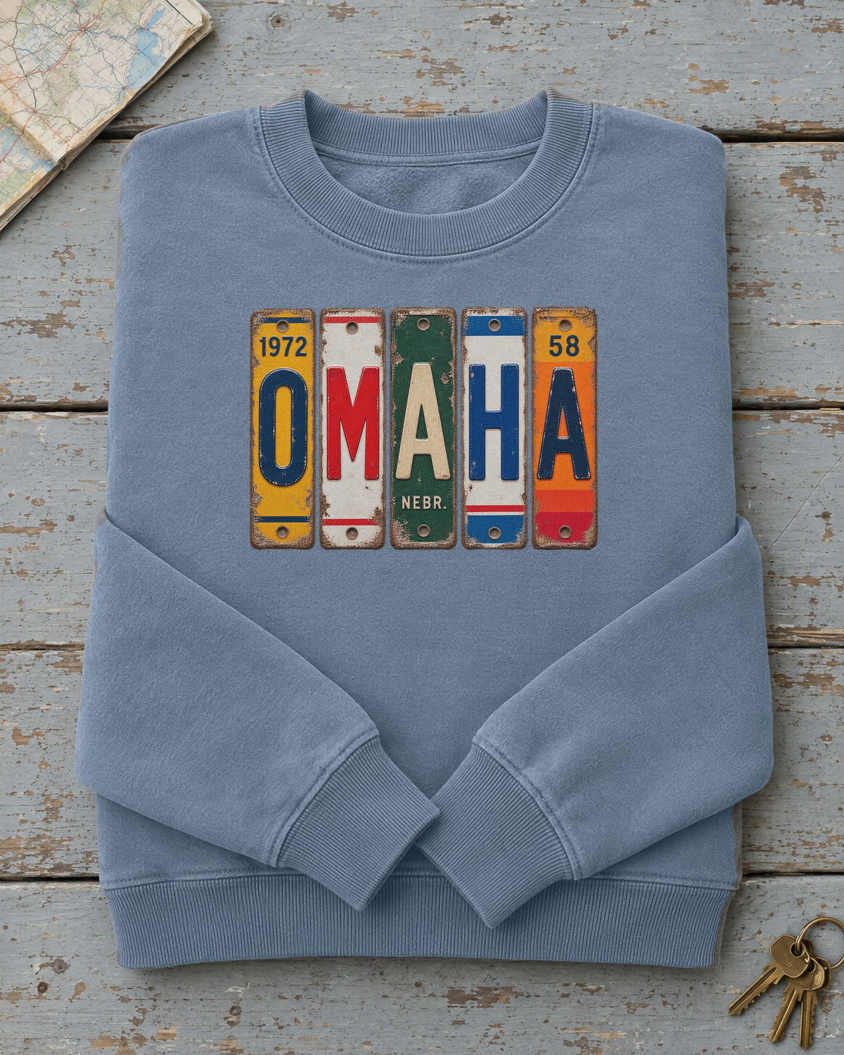 Omaha, Nebraska vintage license plate sweatshirt in Blue Jean