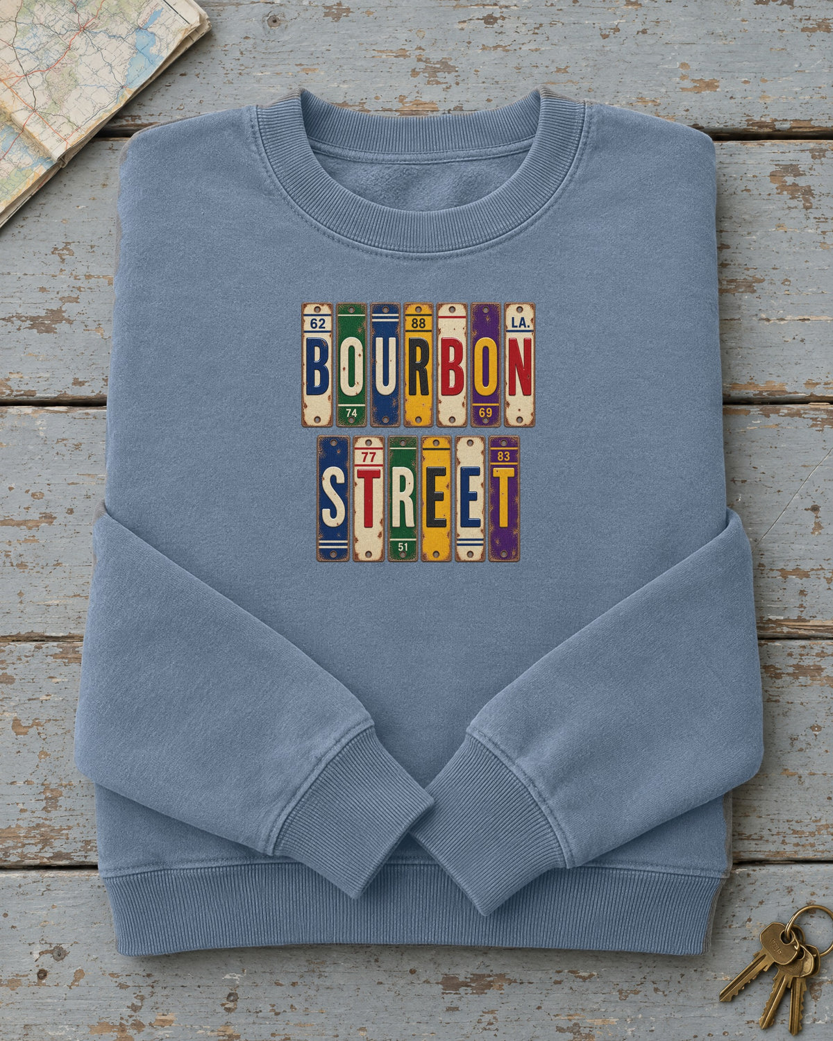 Bourbon Street, Louisiana vintage license plate sweatshirt in Blue Jean