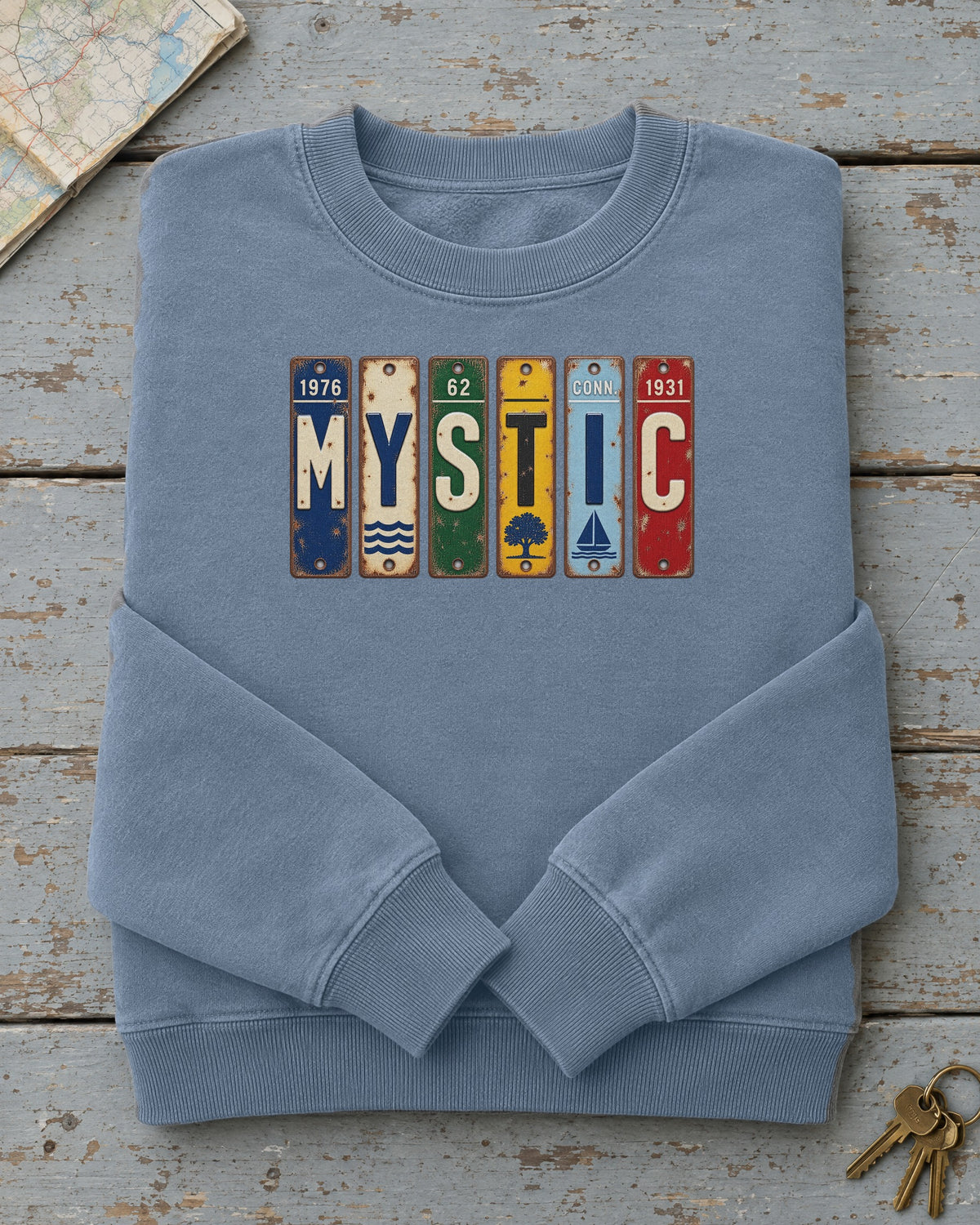 Mystic, Connecticut vintage license plate sweatshirt in Blue Jean