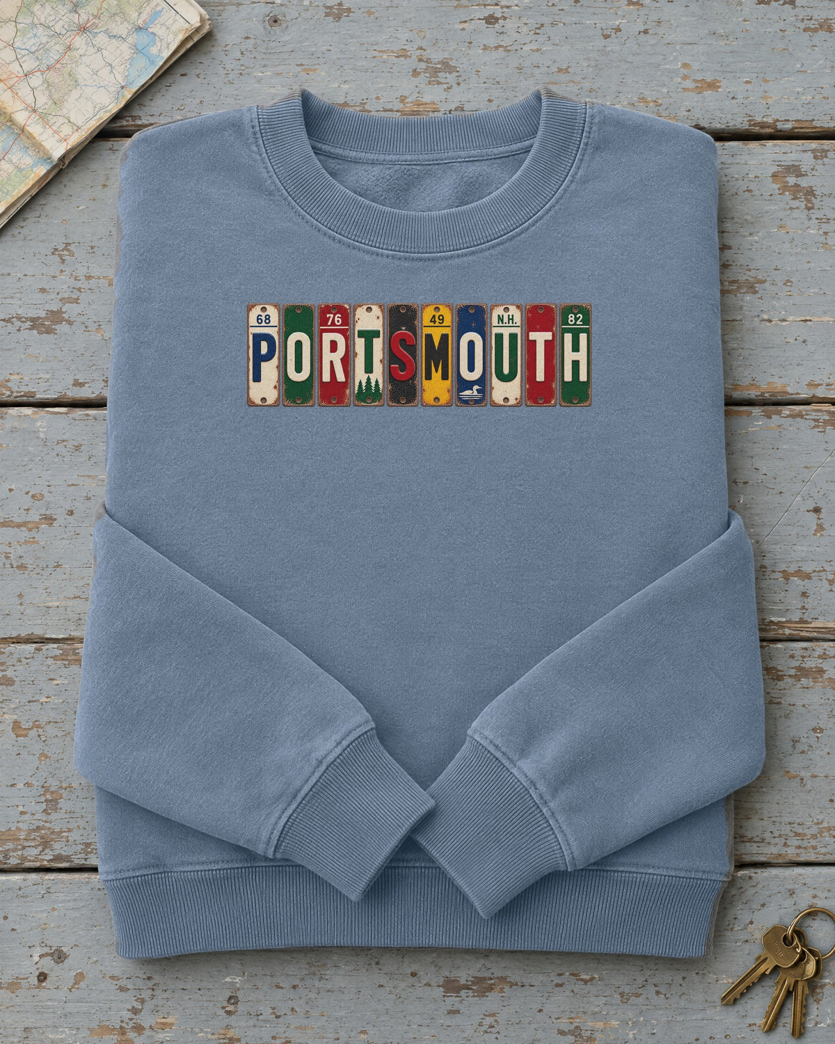 Portsmouth, New Hampshire vintage license plate sweatshirt in Blue Jean