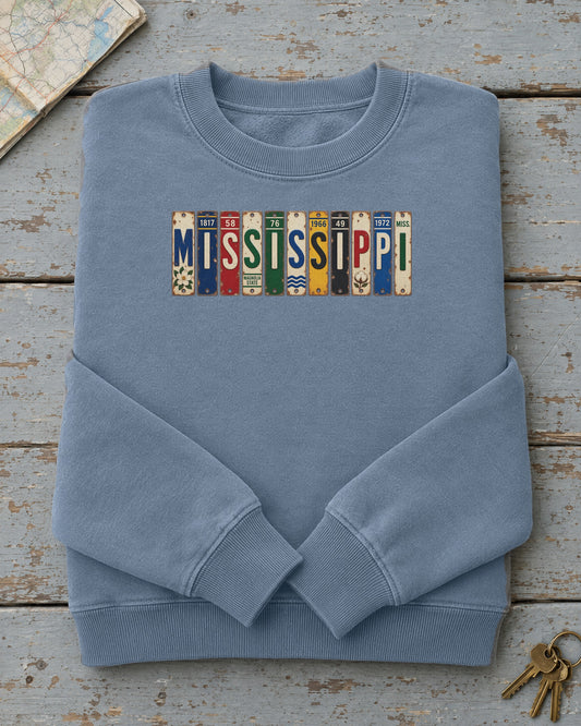 Mississippi vintage license plate sweatshirt in Blue Jean