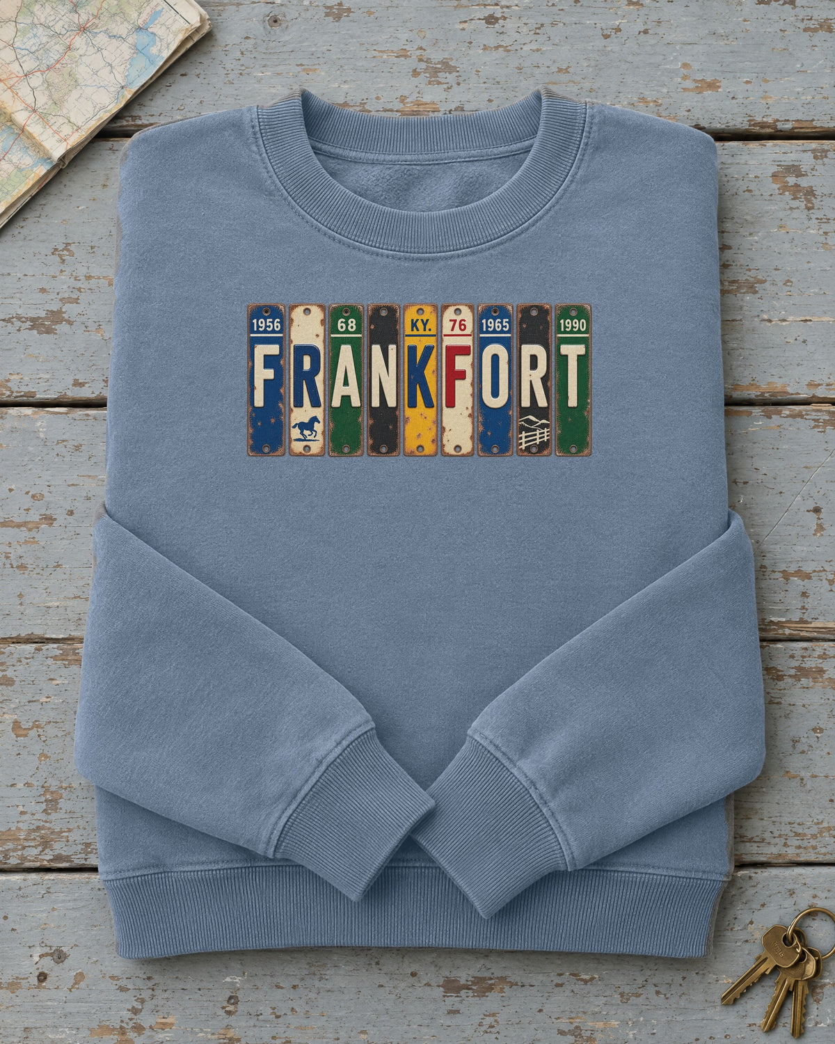 Frankfort, Kentucky vintage license plate sweatshirt in Blue Jean